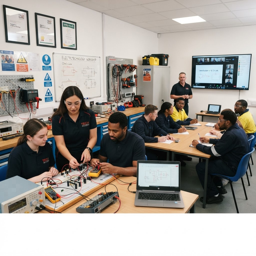 Students learning electrical trade in classroom and online training environment